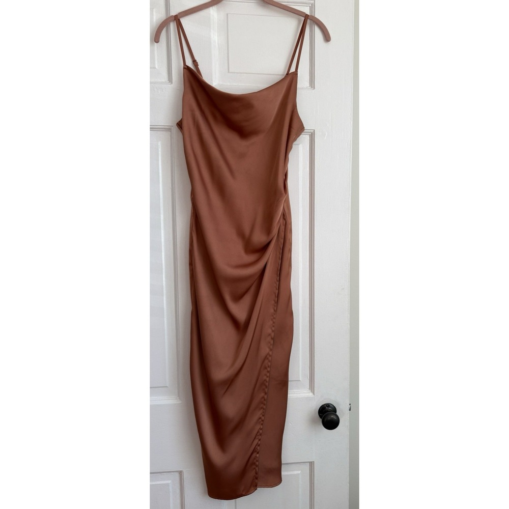 Molly Green Satin Cowl Neck Midi Dress Copper D3077 Small Side Ruched Wrap Skirt